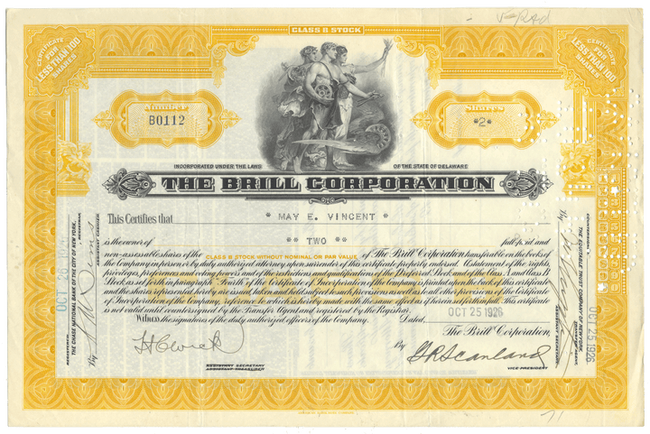 Stock certificate of The Brill Corporation with yellow border and detailed design.