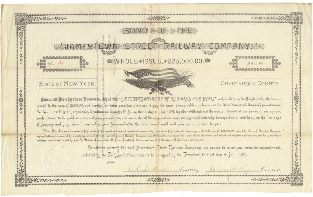 Jamestown Street Railway Company Bond Certificate