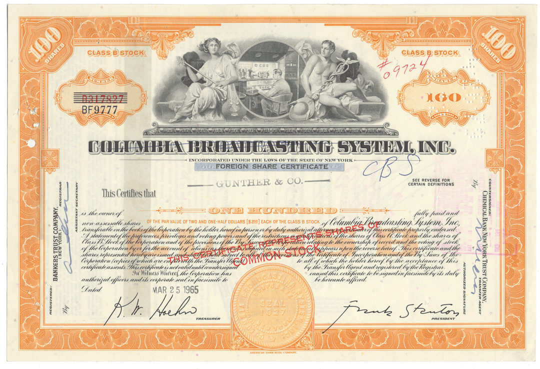 Columbia Broadcasting System, Inc. stock certificate with decorative elements