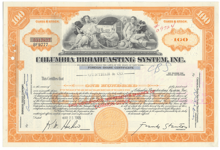 Columbia Broadcasting System, Inc. stock certificate with decorative elements
