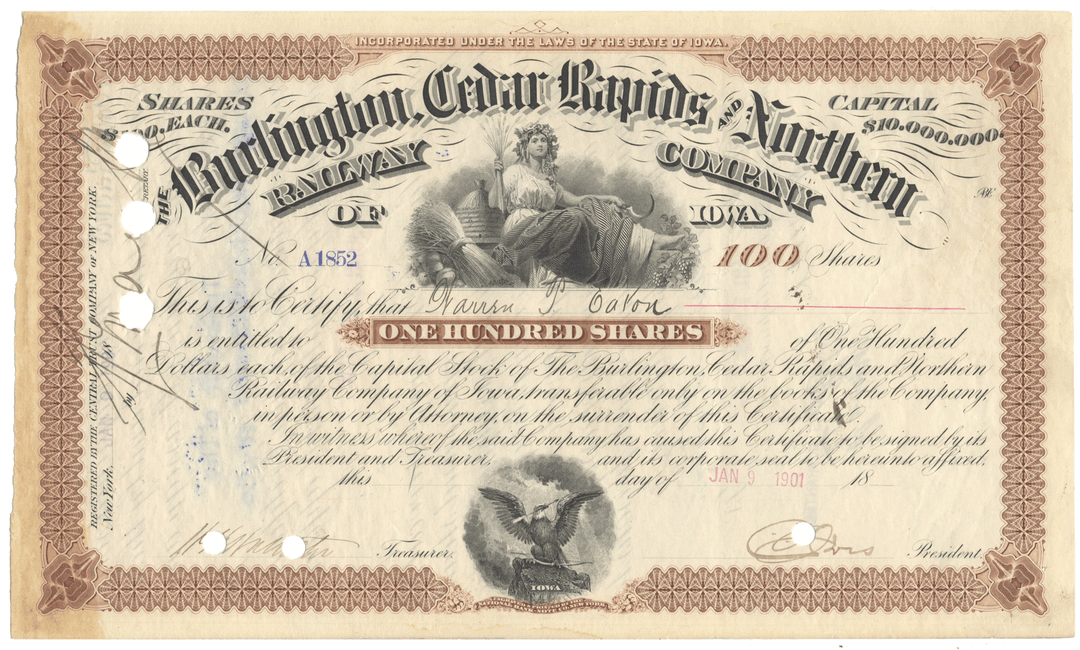 Vintage stock certificate of the Burlington Cedar Rapids & Northern Railway Company