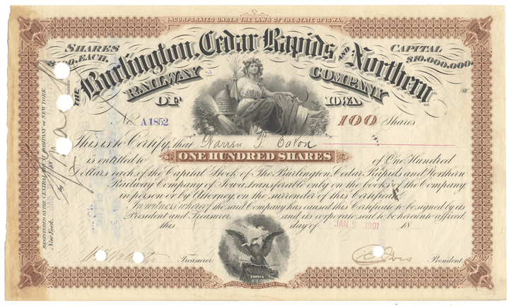 Vintage stock certificate of the Burlington Cedar Rapids & Northern Railway Company