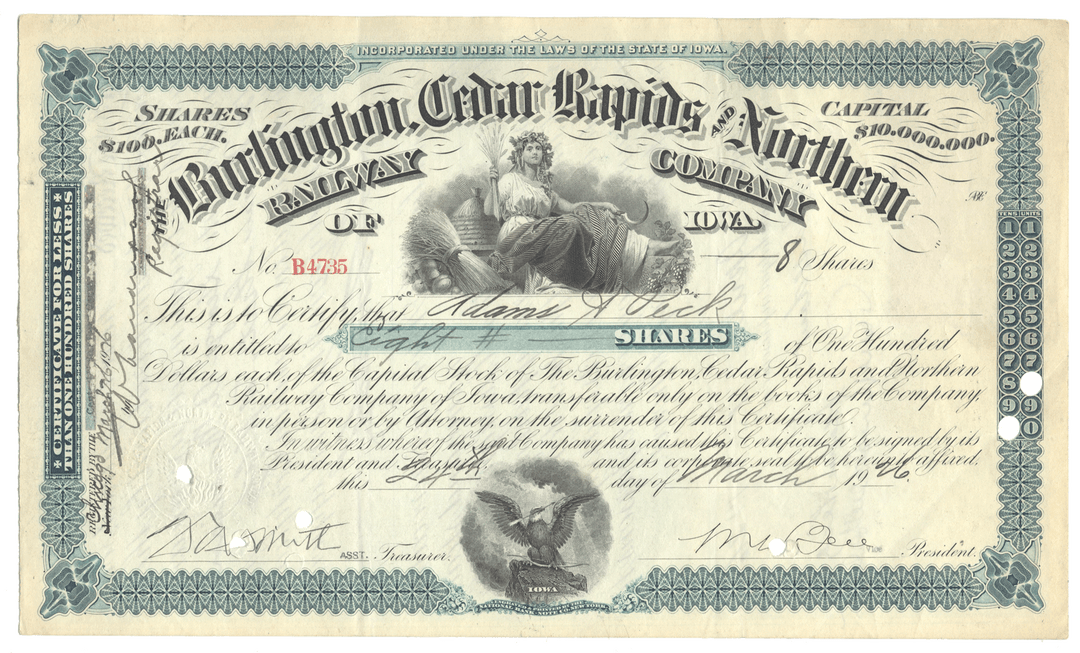Vintage stock certificate from the Burlington Cedar Rapids and Northern Railway Company