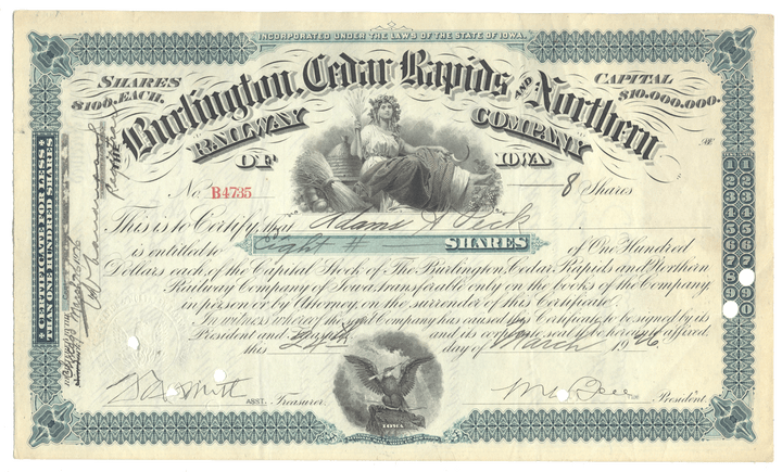 Vintage stock certificate from the Burlington Cedar Rapids and Northern Railway Company