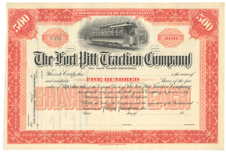 Fort Pitt Traction Company Stock Certificate
