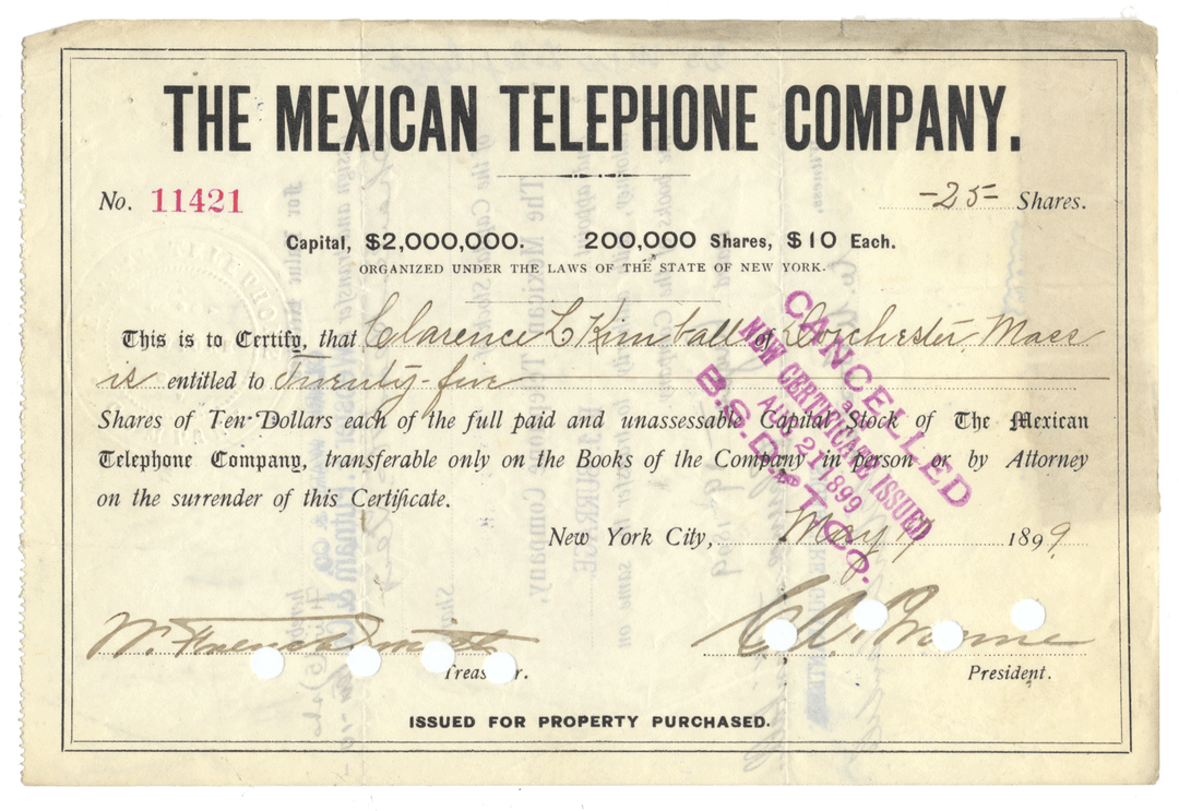 Vintage stock certificate for The Mexican Telephone Company with text and signatures.
