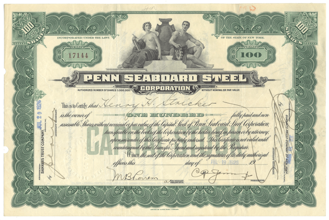 Penn Seaboard Steel Corporation Stock Certificate