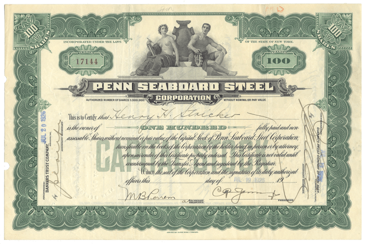 Penn Seaboard Steel Corporation Stock Certificate
