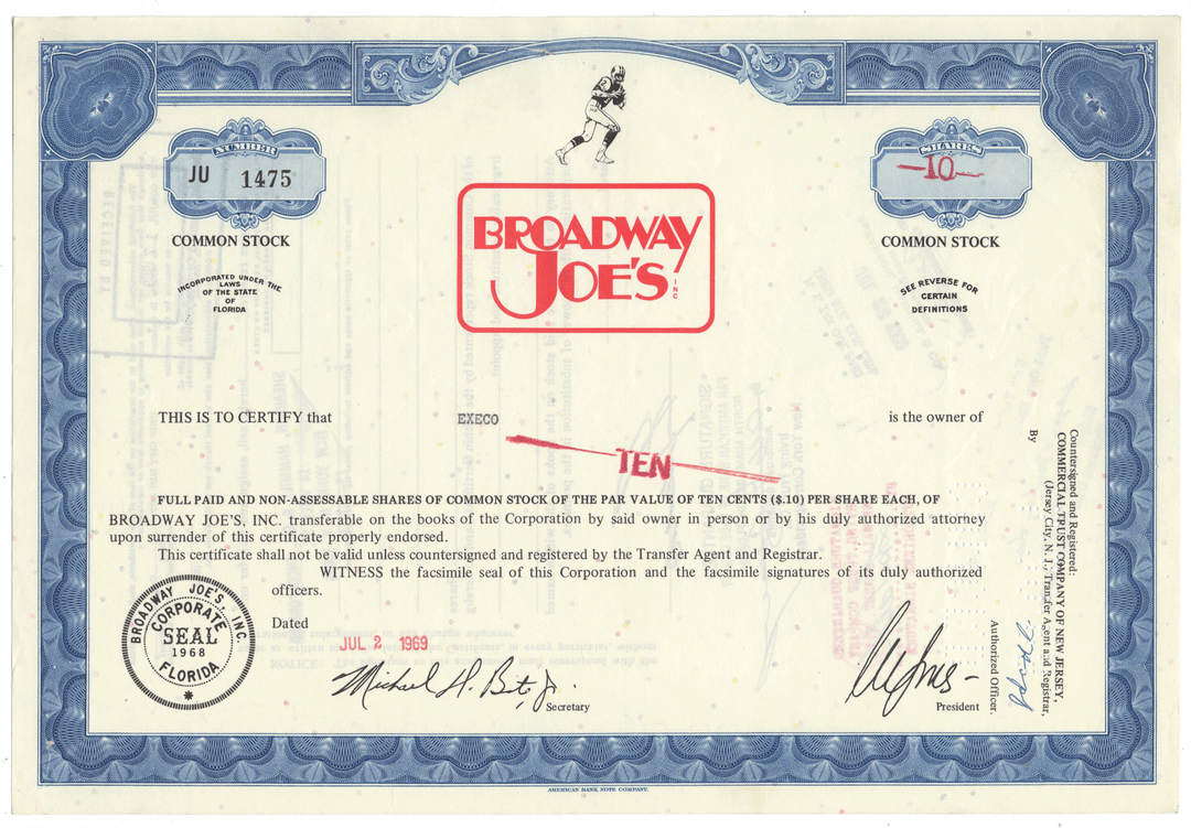 Broadway Joe's, Inc. Stock Certificate