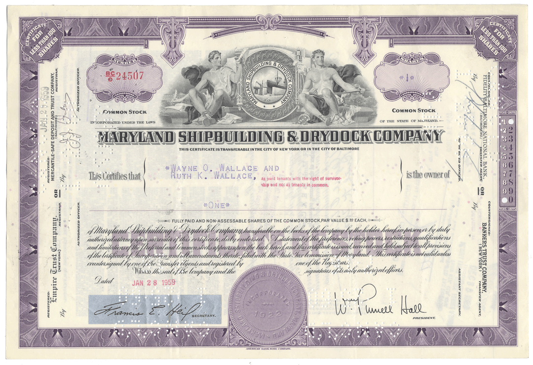 Maryland Shipbuilding & Drydock Company Stock Certificate