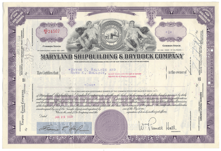 Maryland Shipbuilding & Drydock Company Stock Certificate