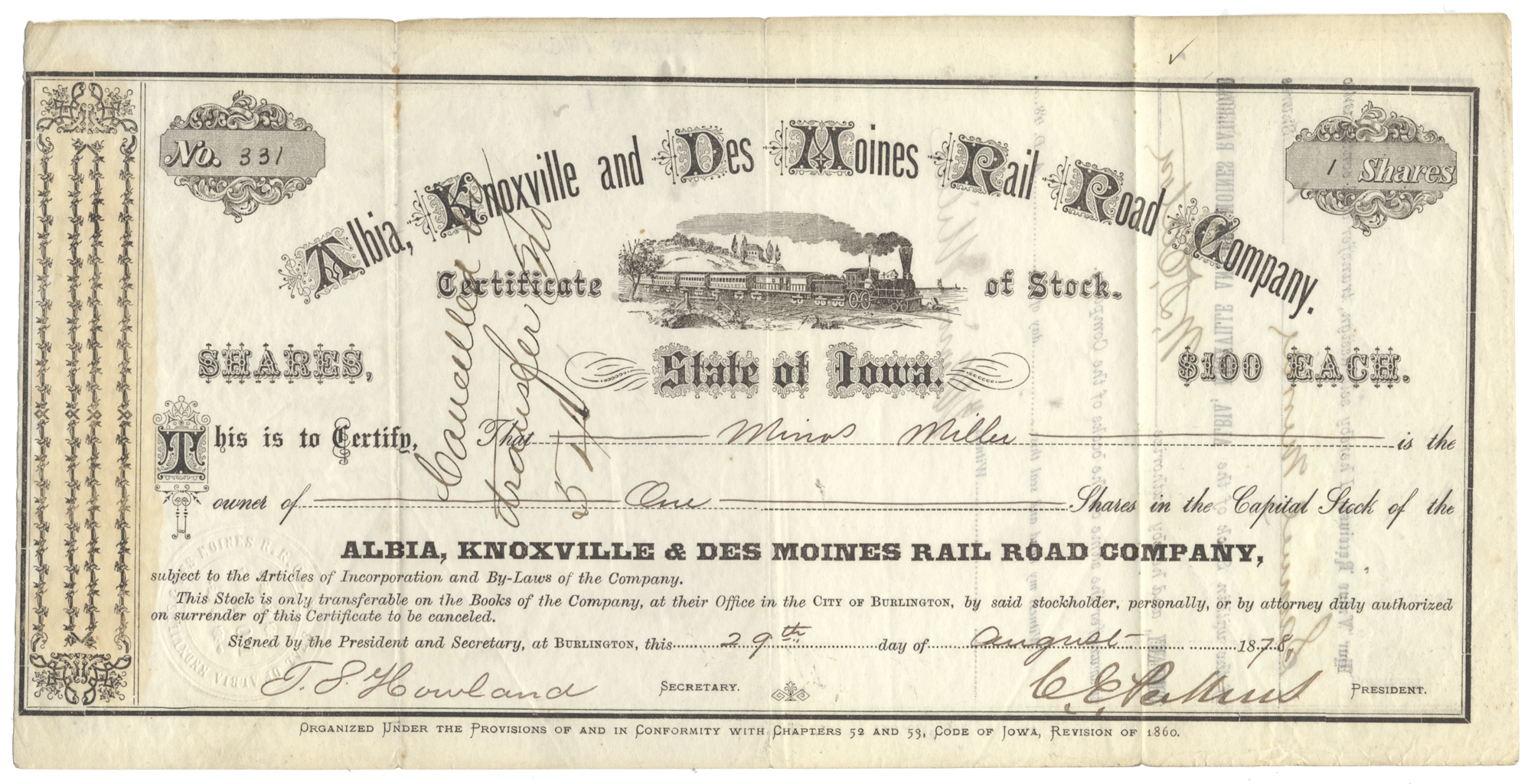 Historical stock certificate for Albia, Knoxville and Des Moines Rail Road Company