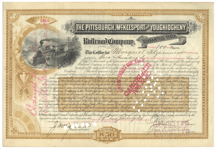 Vintage stock certificate from the Pittsburgh, McKeesport & Youghiogheny Railroad Company with decorative elements and stamps.