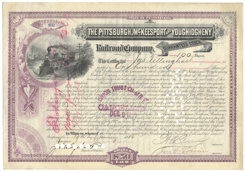 Historical stock certificate from the Pittsburgh, McKeesport & Youghiogheny Railroad Company with decorative elements.
