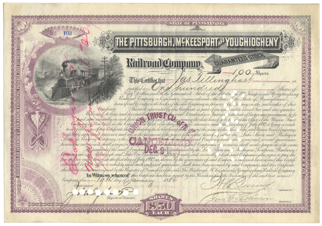 Historical stock certificate from the Pittsburgh, McKeesport & Youghiogheny Railroad Company with decorative elements.