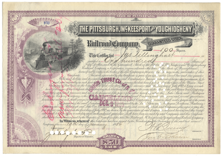 Historical stock certificate from the Pittsburgh, McKeesport & Youghiogheny Railroad Company with decorative elements.