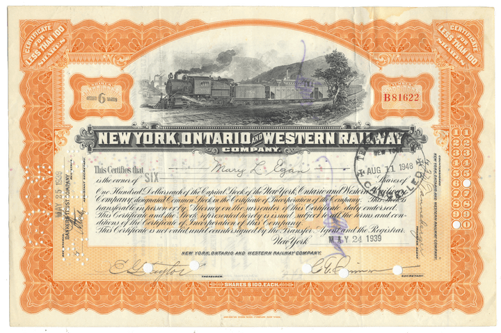 Vintage stock certificate for New York, Ontario and Western Railway Company with train illustration.