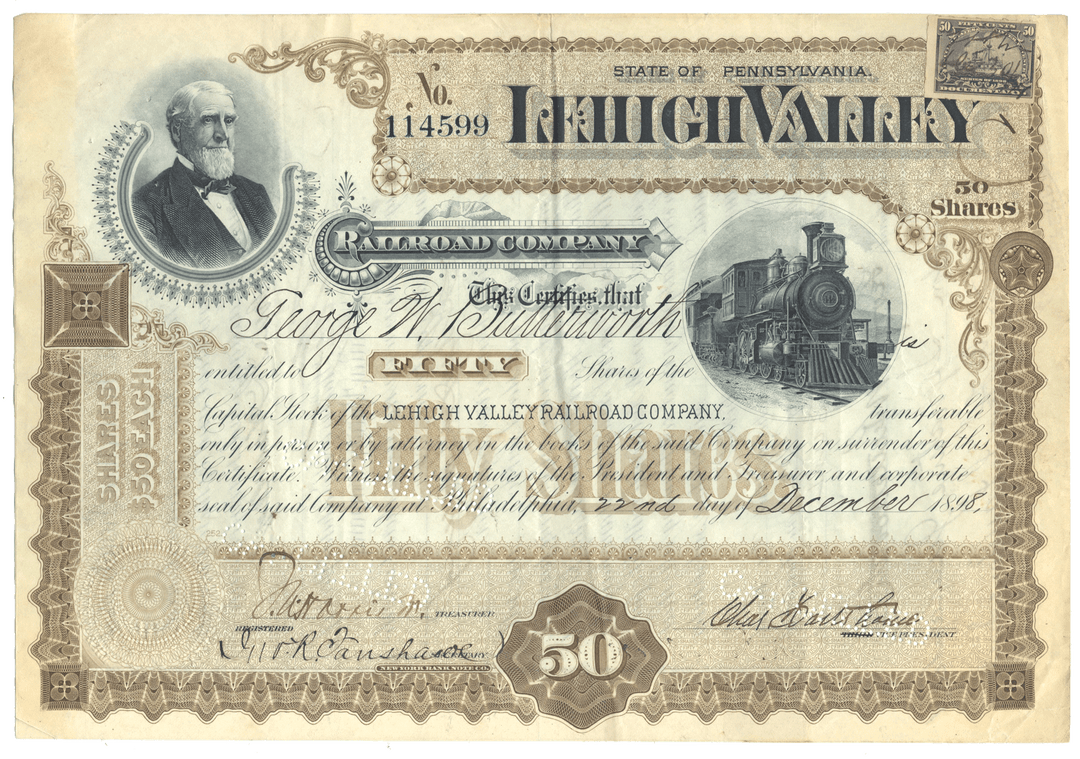 Historical stock certificate for the Lehigh Valley Railroad Company with a portrait and train illustration.