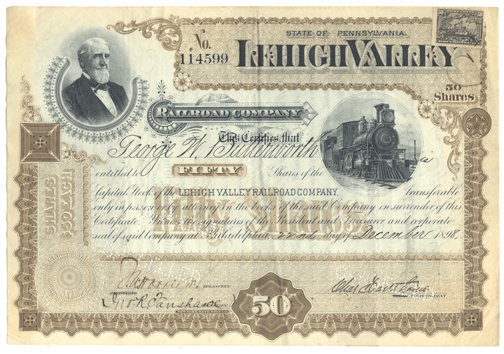 Historical stock certificate for the Lehigh Valley Railroad Company with a portrait and train illustration.