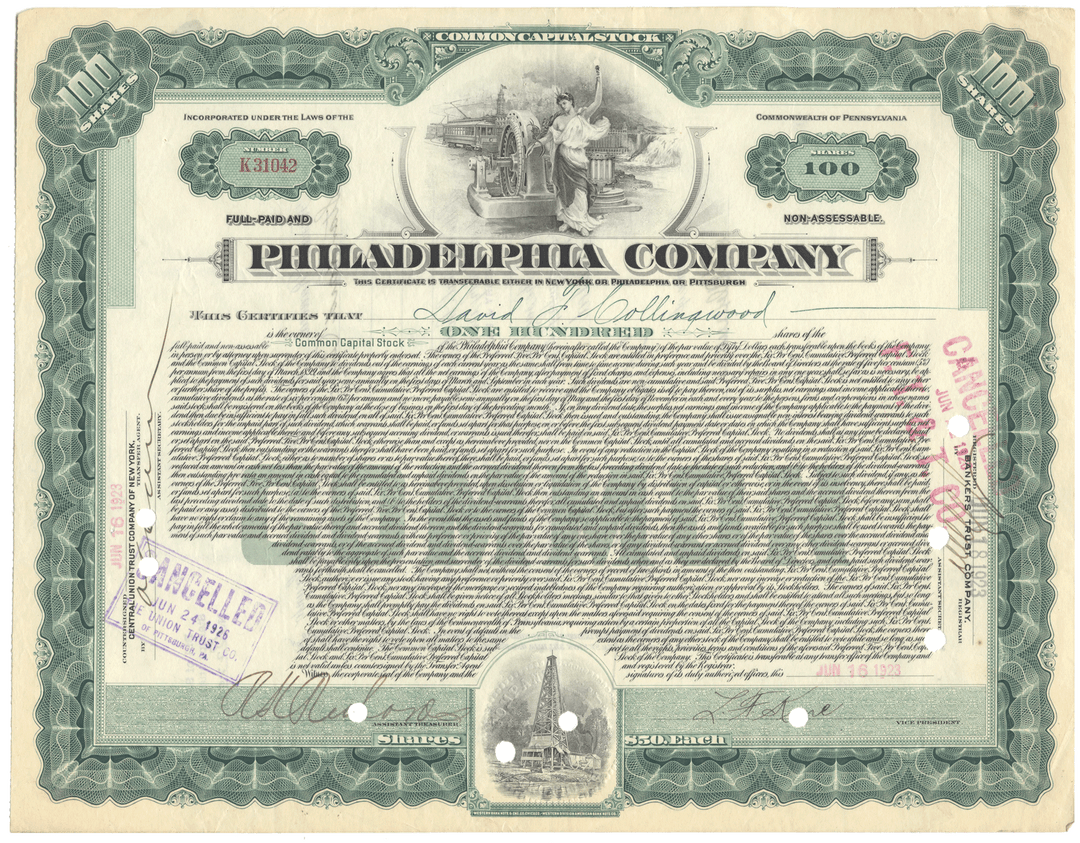 Historical stock certificate from the Philadelphia Company with green and black design.