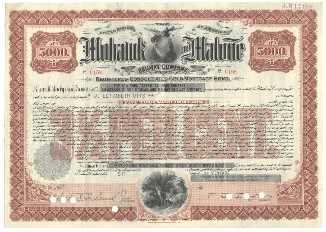Mohawk & Malone Railroad Bond Certificate