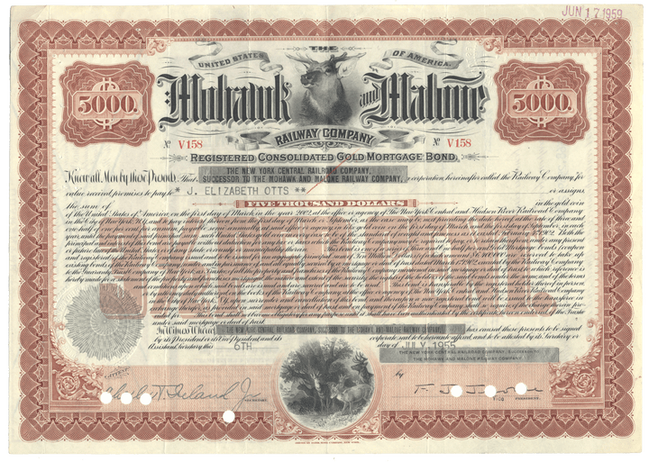 Mohawk & Malone Railroad Bond Certificate