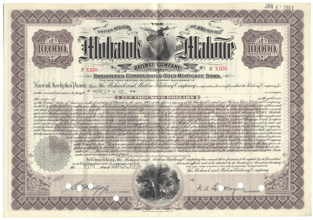 Mohawk & Malone Railroad Bond Certificate