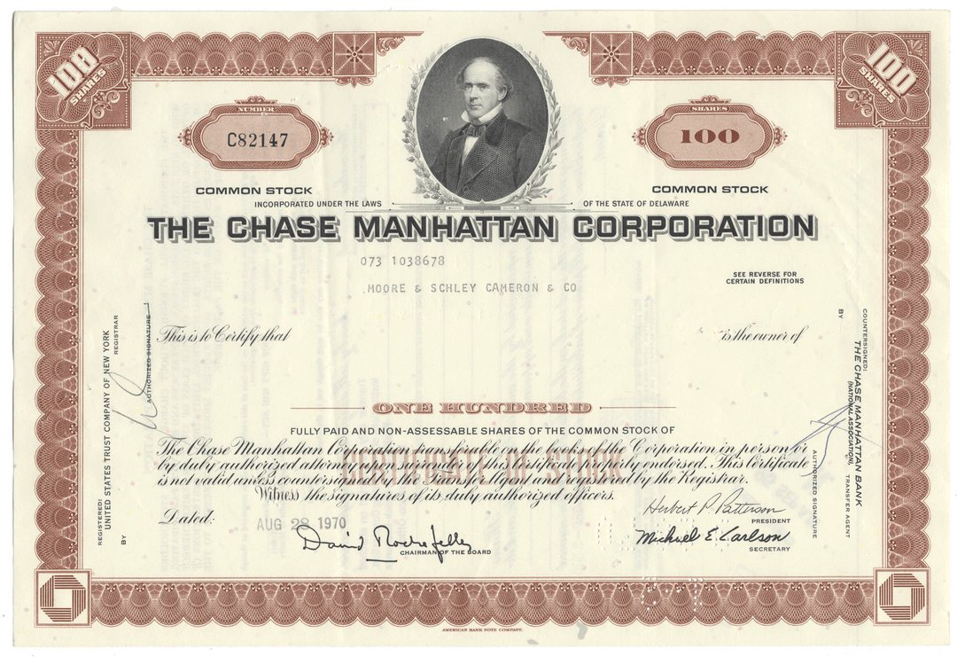 Stock certificate of The Chase Manhattan Corporation with a portrait of a man.