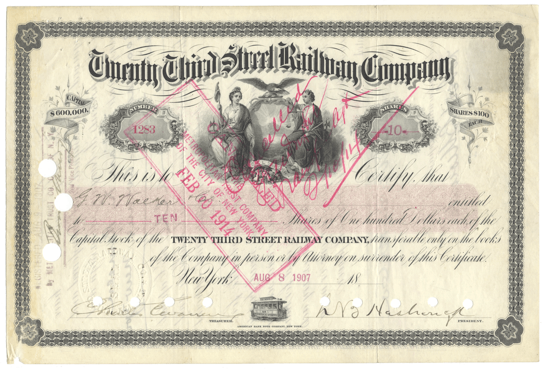 Twenty Third Street Railway Company Stock Certificate