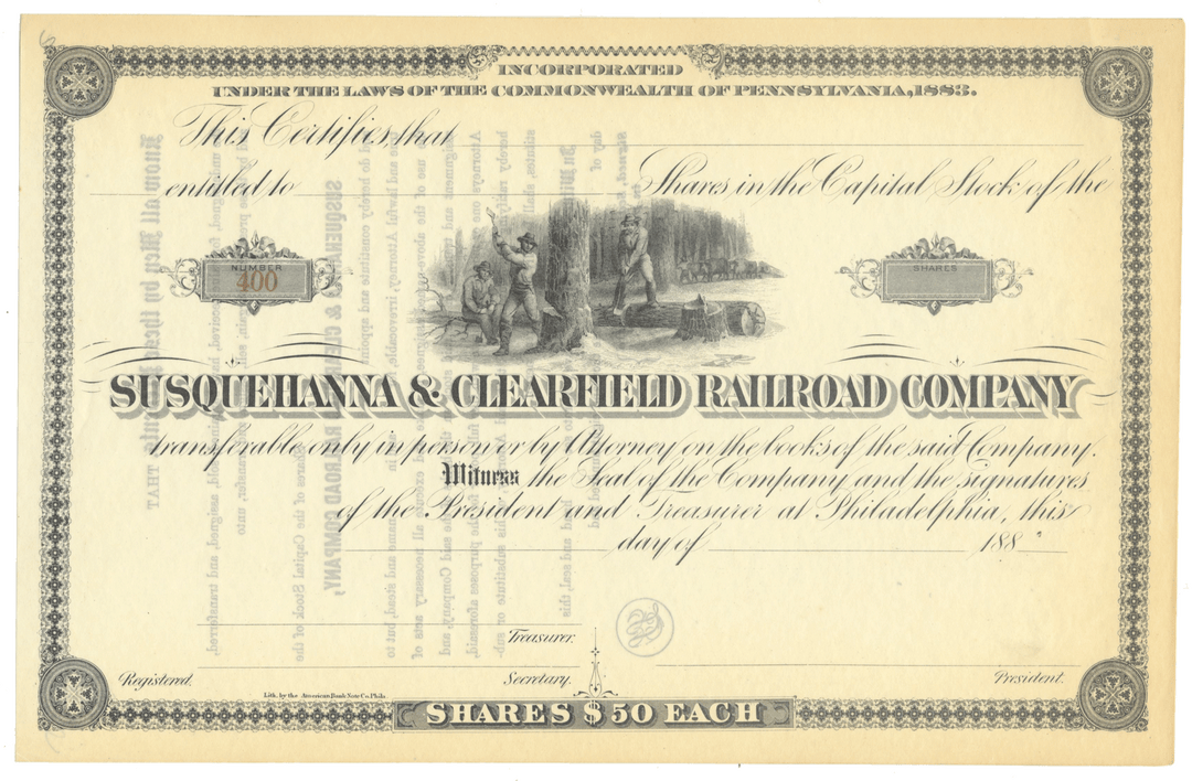Susquehanna & Clearfield Railroad Company Stock Certificate