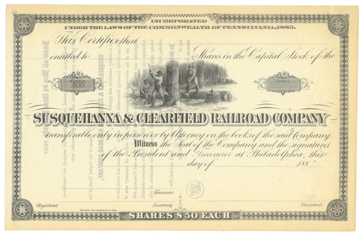 Susquehanna & Clearfield Railroad Company Stock Certificate