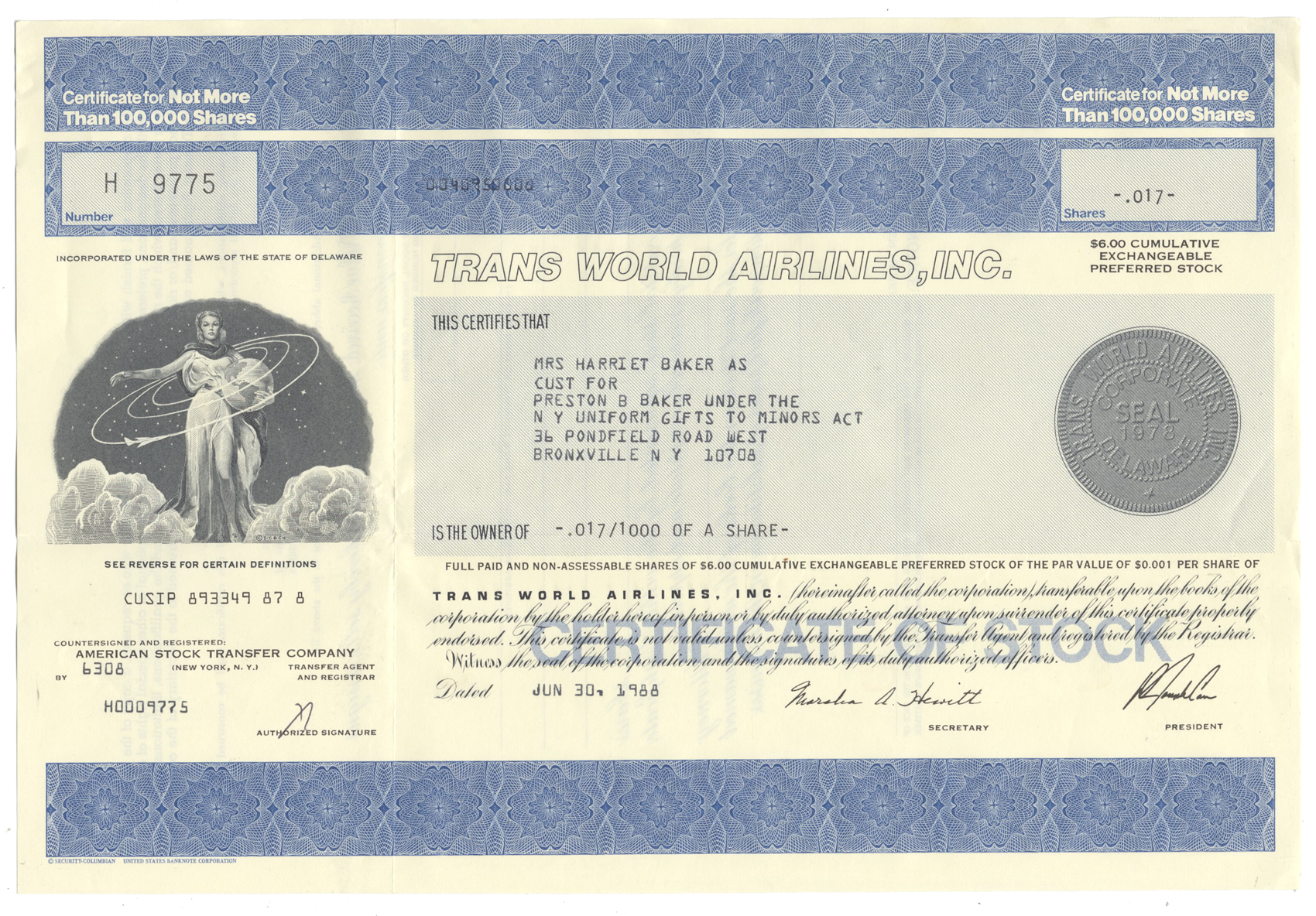 Trans World Airlines, Inc. Stock Certificate