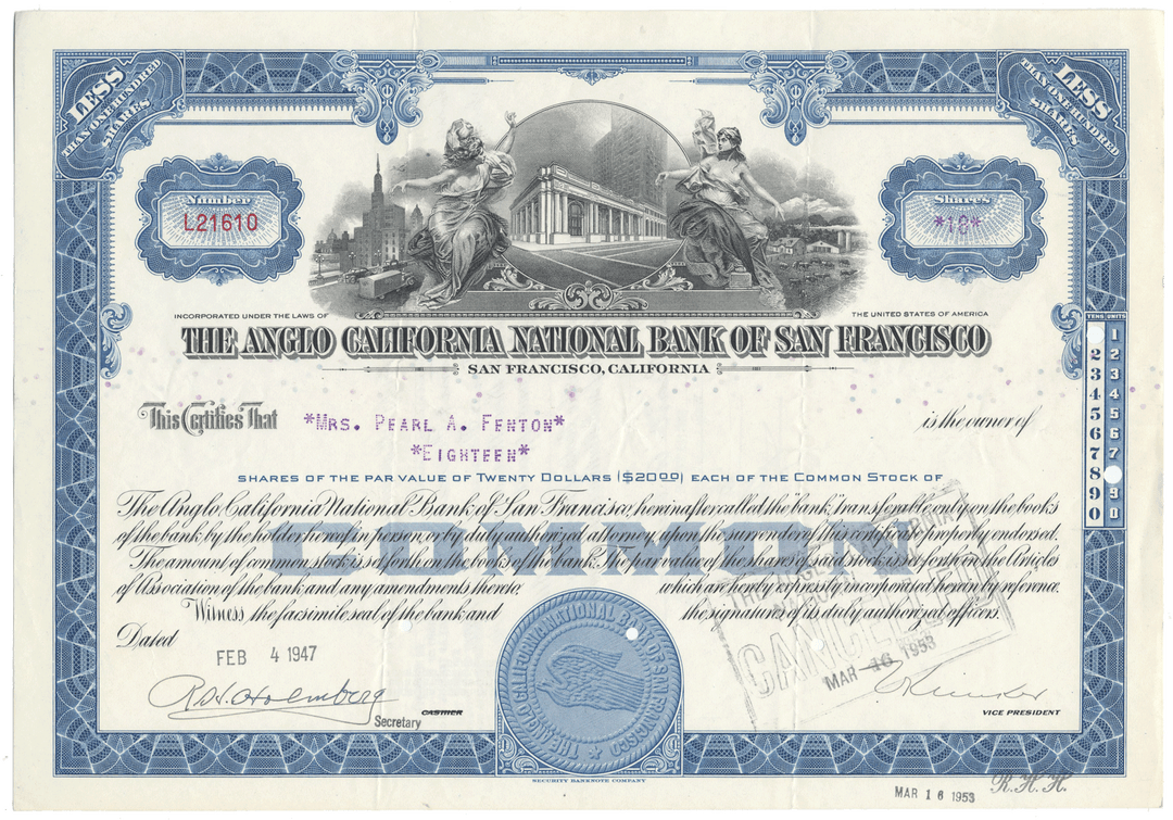 Anglo California National Bank of San Francisco Stock Certificate
