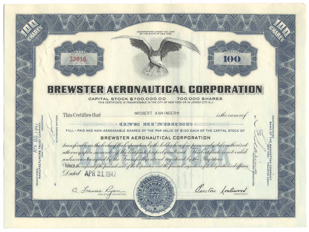 Brewster Aeronautical Corporation Stock Certificate