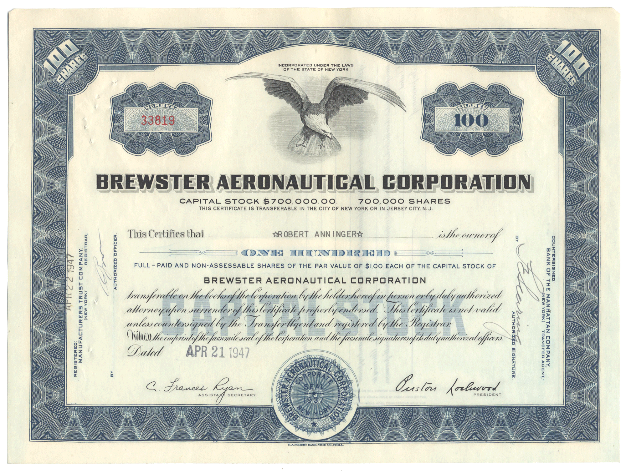 Brewster Aeronautical Corporation Stock Certificate