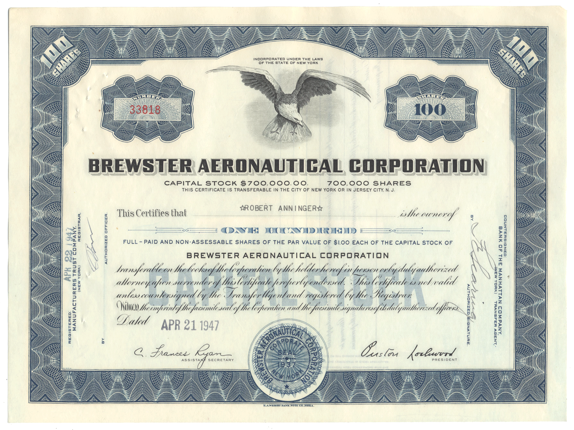 Brewster Aeronautical Corporation Stock Certificate