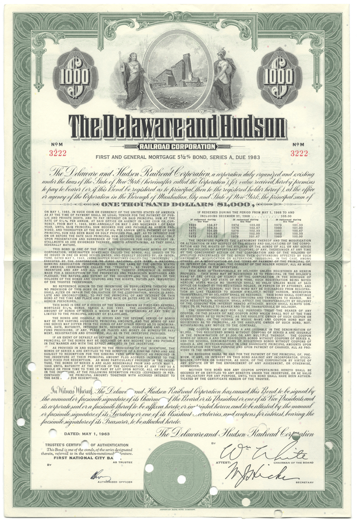 Delaware and Hudson Railroad Corporation Bond Certificate
