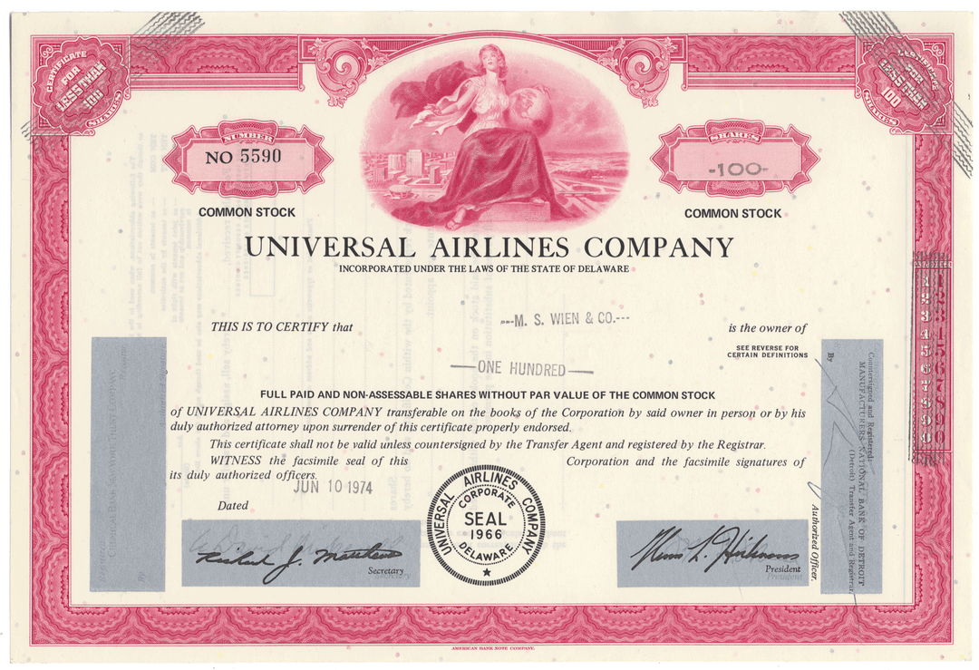 Vintage stock certificate of Universal Airlines Company