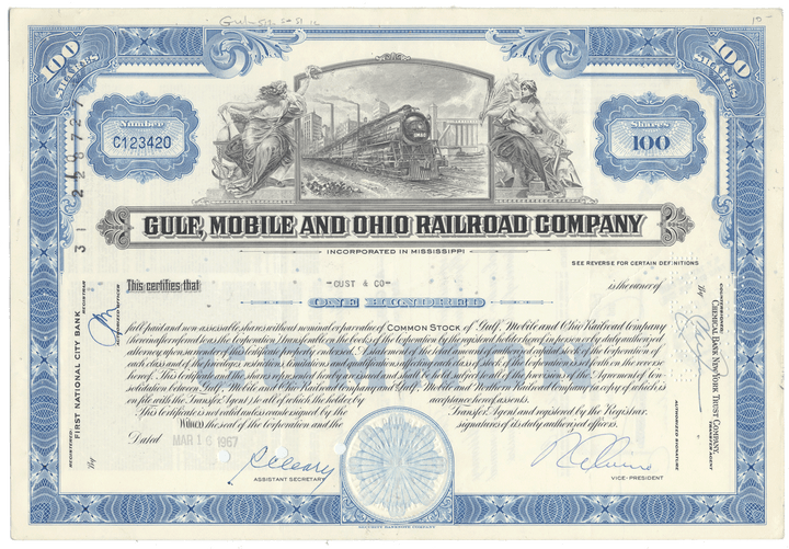 Gulf, Mobile and Ohio Railroad Company stock certificate with blue border and train illustration.