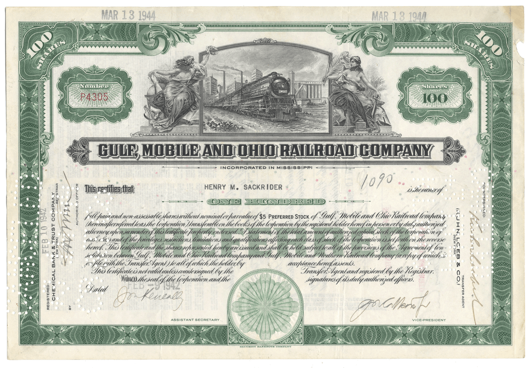 Historical stock certificate of the Gulf, Mobile and Ohio Railroad Company with train illustration.