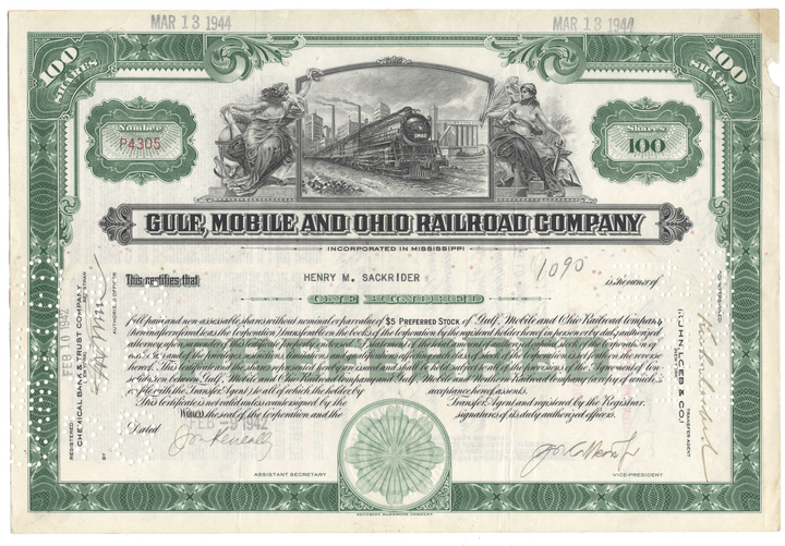 Historical stock certificate of the Gulf, Mobile and Ohio Railroad Company with train illustration.