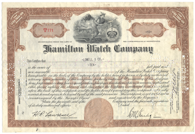 Hamilton Watch Company Stock Certificate