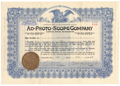 Ad-Photo-Scope Company Stock Certificate