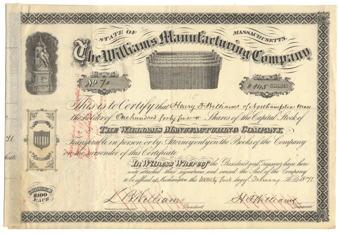 Historical stock certificate from The Williams Manufacturing Company with decorative elements and text.