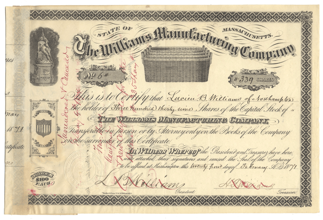 Historical stock certificate from The Williams Manufacturing Company, Massachusetts