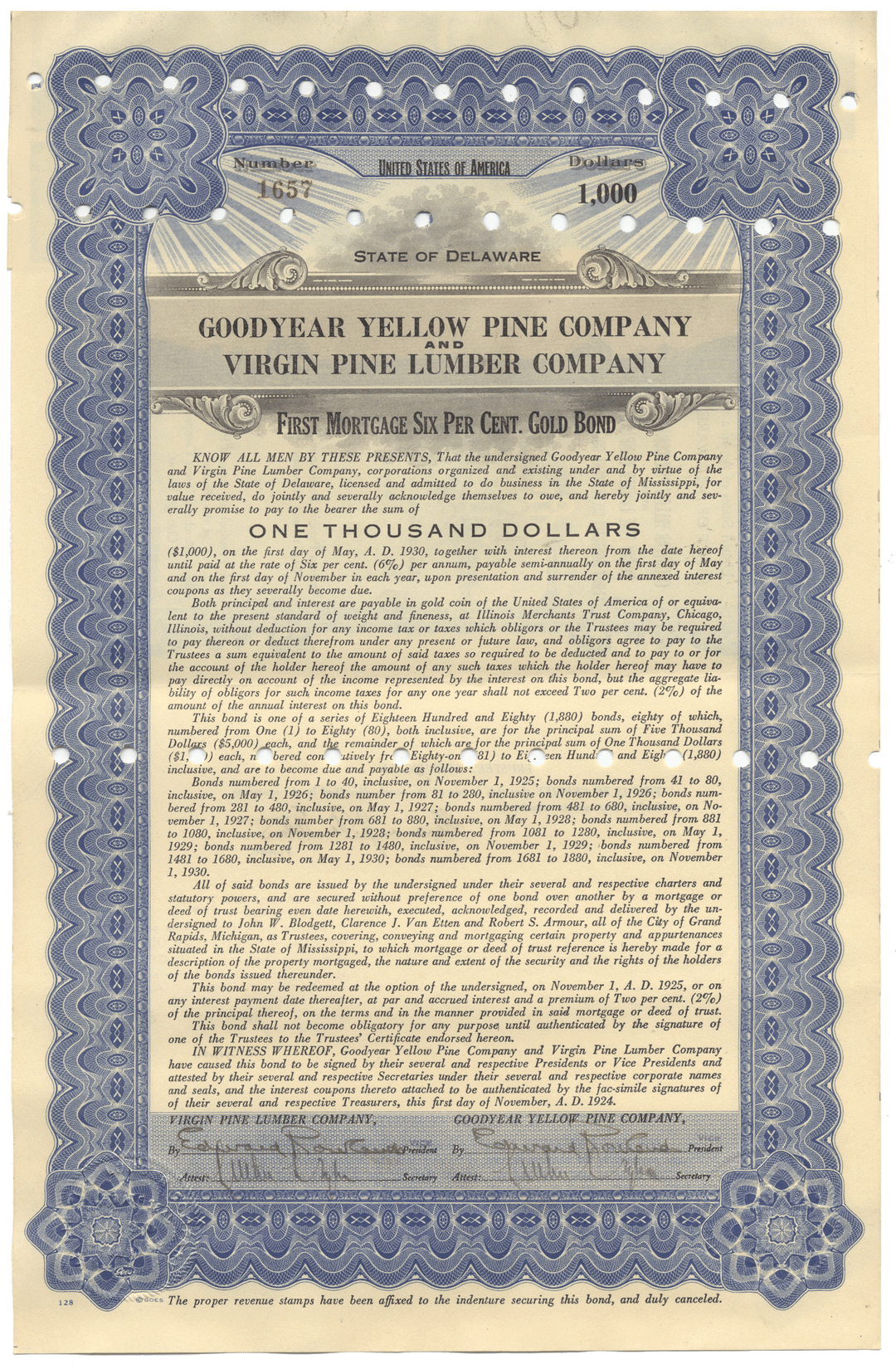 Goodyear Yellow Pine Company and Virgin Pine Lumber Company Bond Certificate Signed by Lucius O. Crosby
