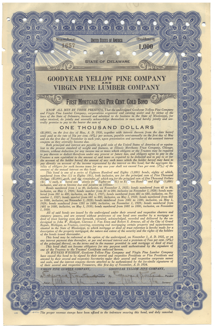 Goodyear Yellow Pine Company and Virgin Pine Lumber Company Bond Certificate Signed by Lucius O. Crosby