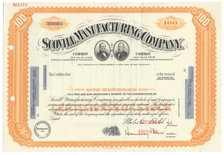 Scovill Manufacturing Company Stock Certificate