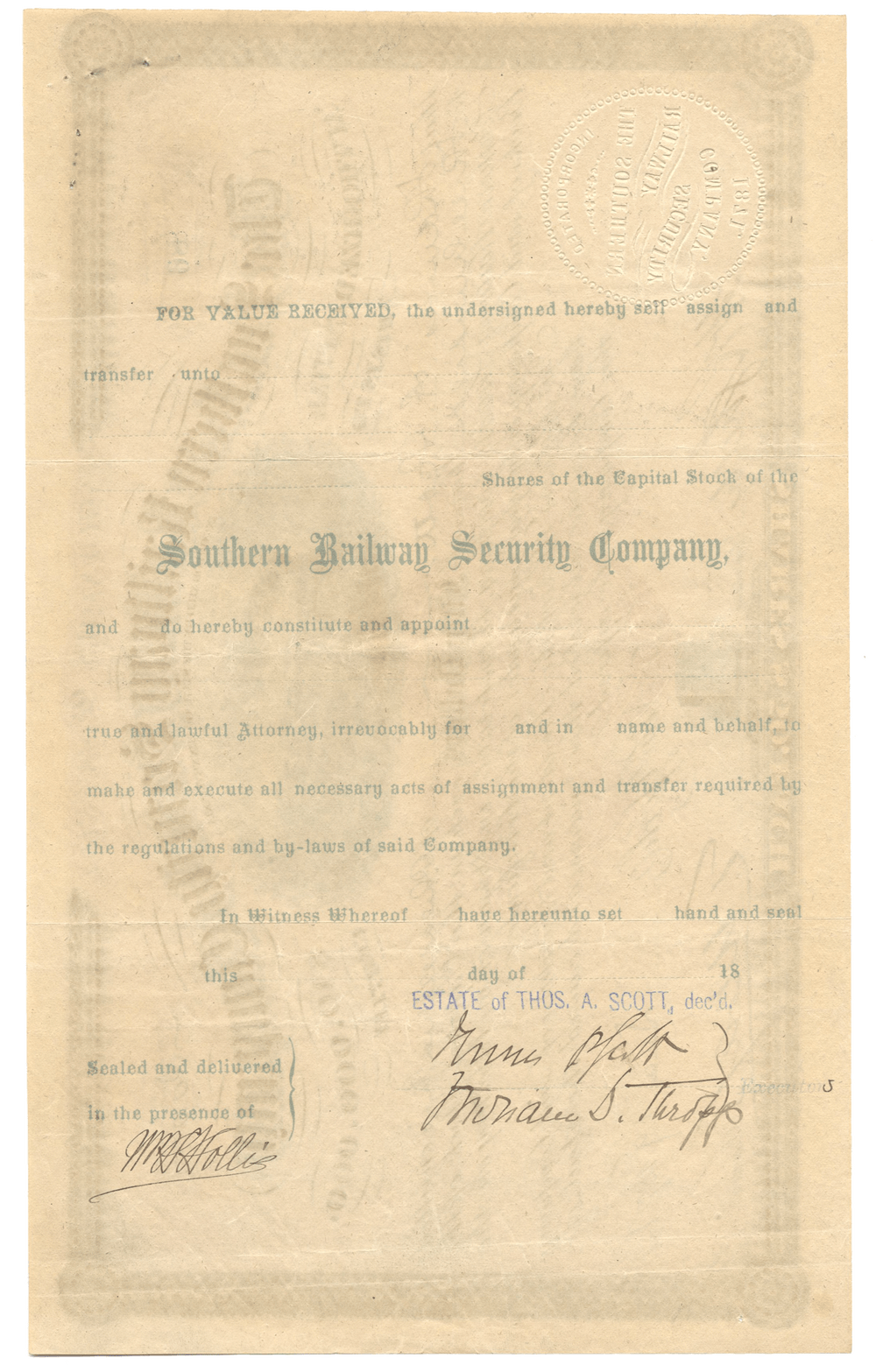 Southern Railway Security Company Stock Certificate Issued to Thomas A. Scott