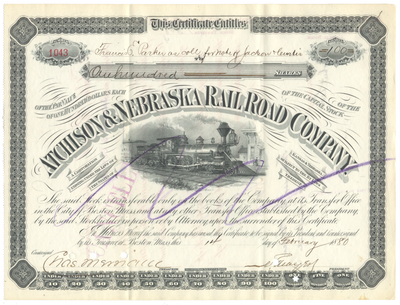 Atchison and Nebraska Rail Road Company Stock Certificate